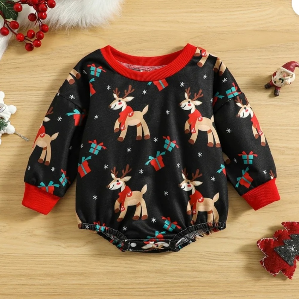 Baby Romper Christmas reindeer Long Sleeve Crew Neck Jumpsuit 6-12 month (bin R)